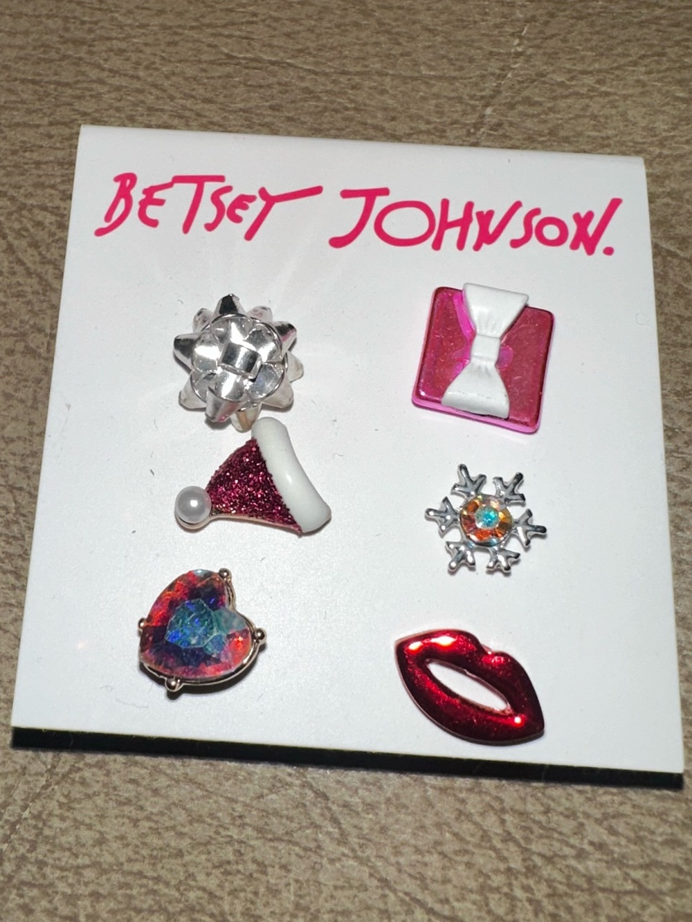 Betsey Johnson Pink & Red Holiday Earring Set Mix & Match 6 Studs Love Christmas